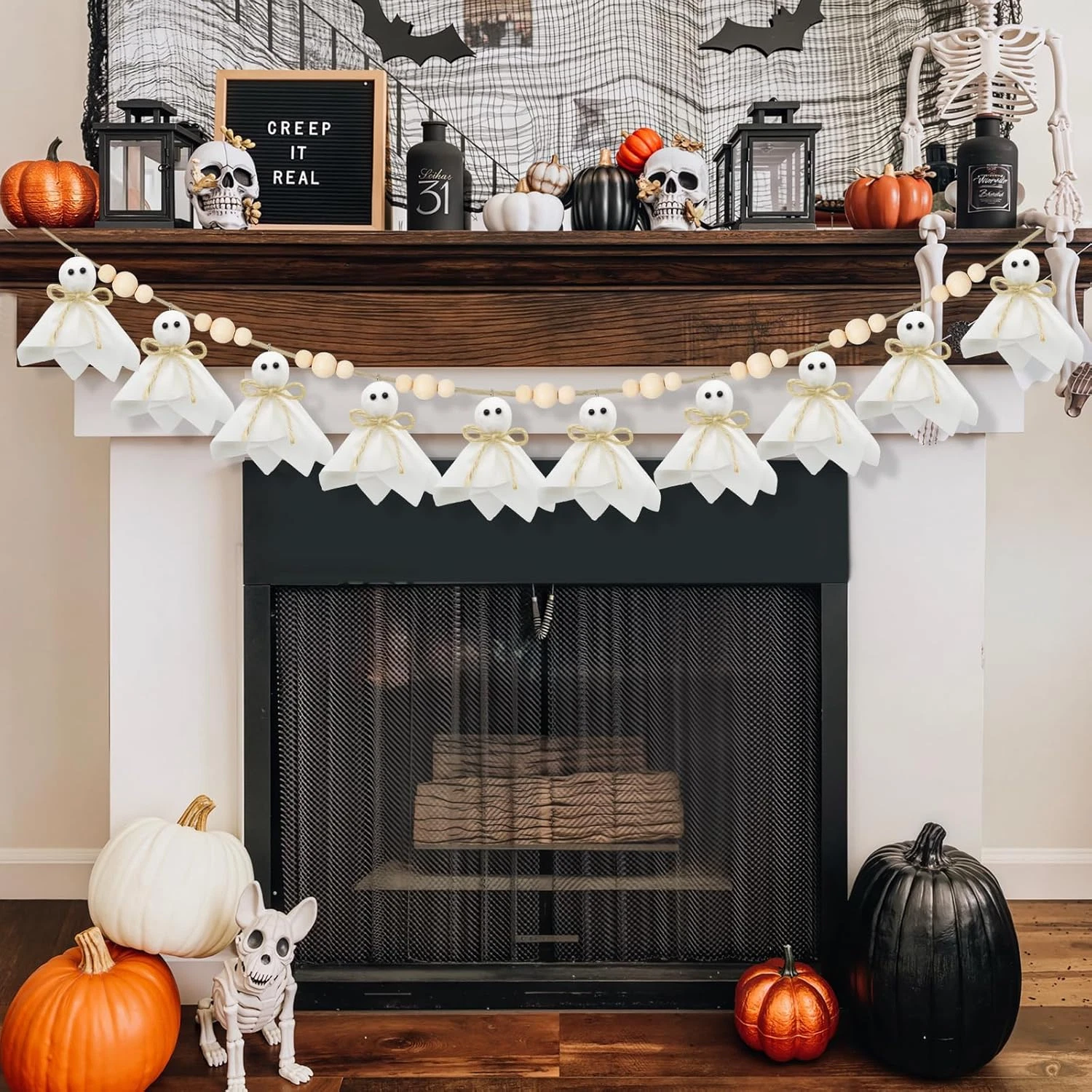 Neutral Halloween Garland Ghost Decor, Halloween Garland for Mantle, 6.6Ft Cute
