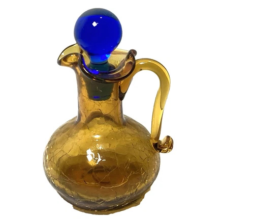 Vintage Crackle Amber Glass Cruet With Cobalt Blue Stopper  Blenko? Collectible