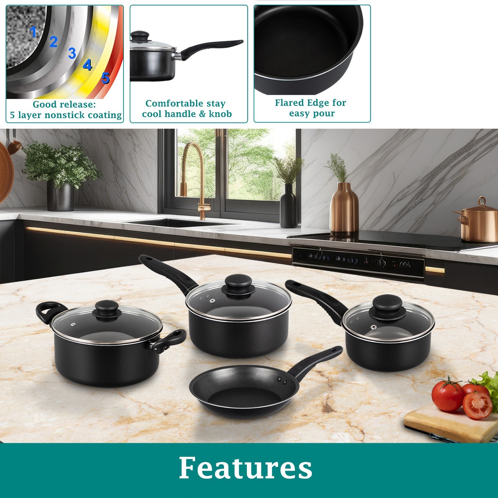 Mainstays 7 Piece Non Stick Aluminium, Pots and Pans Cookware Set, Black alternate view 4