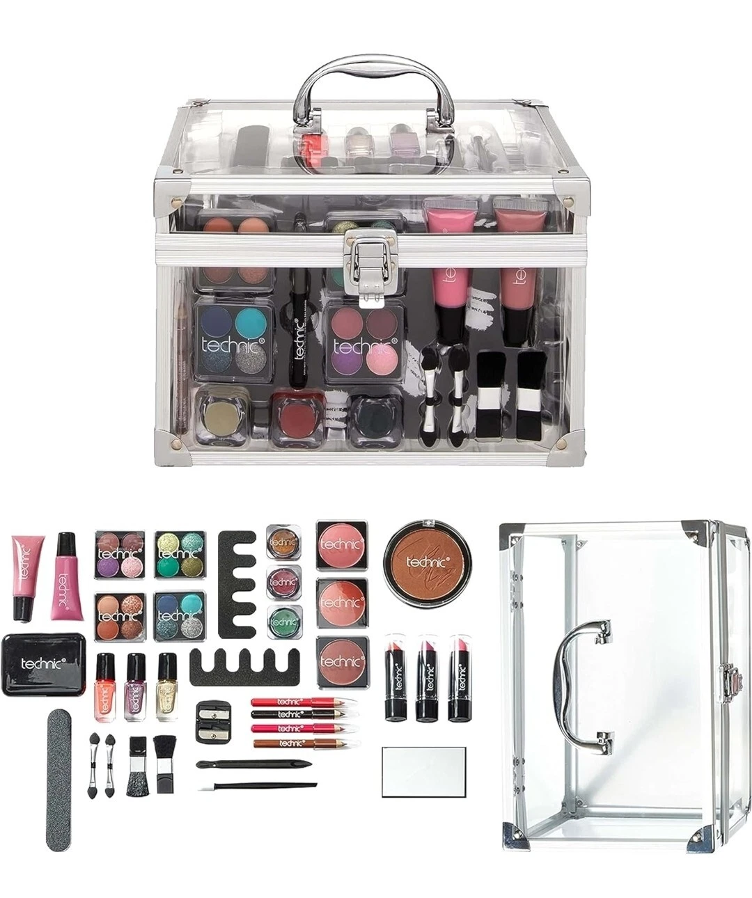 Technic 36 Pcs Clear Carry All Full Make Up Kit In a Trunk Train Case Including