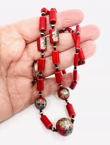 Collar de cuentas de cerámica esmaltada roja china de exportación joyería vintage - Imagen 8 de 9