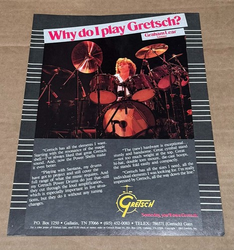 GRETSCH DRUMS - GRAHAM LEAR of SANTANA - 1983 Print Advertisement - 第 1/1 張圖片