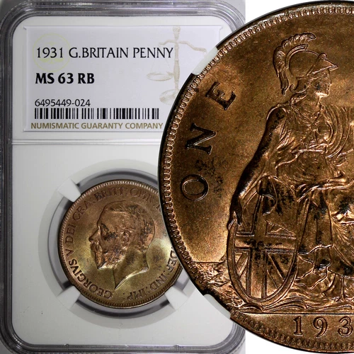 GREAT BRITAIN George V Bronze 1931 1 Penny NGC MS63 RB NICE RED KM# 838 (24)