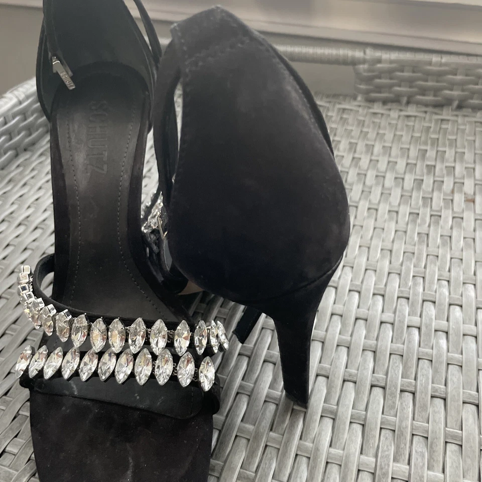 Shuts Black Rhinestone Heels 7.5 Suede  - Image 3 of 4