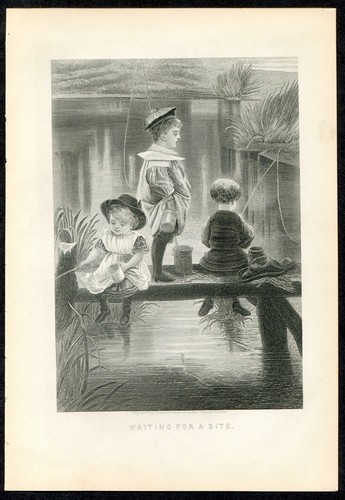 PESCA PARA NIÑOS fuera del muelle, CHILDHOOD FRIENDS - 1888 grabado en acero fino - Imagen 2 de 3