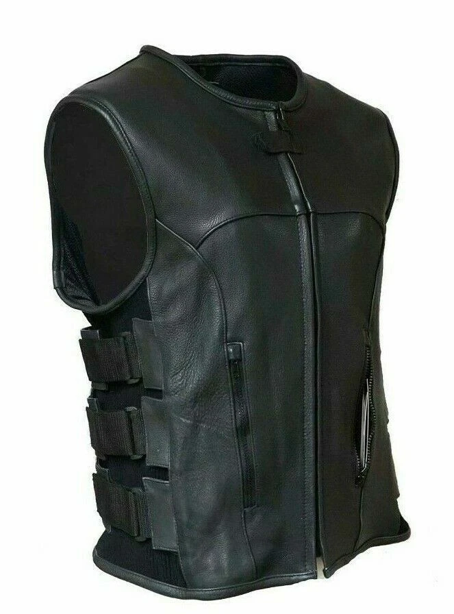MEN'S MOTORCYCLE BIKER UPDATED TACTICAL SWAT STYLE LEATHER VEST NEW BLACK