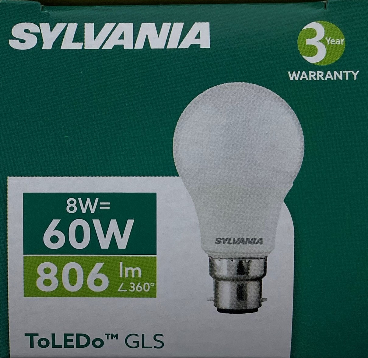 Sylvania 8W BC 806lm WARM WHITE 2700K 8 Watt = 60 Watt LED BULB LAMP 29579