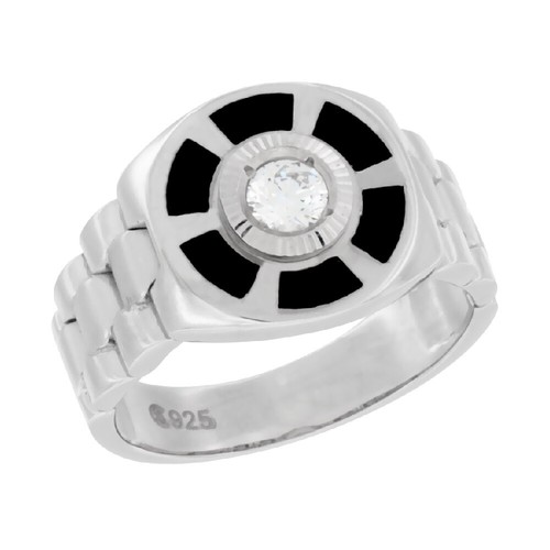 Hombres Plata de Ley Correa Reloj Estilo Redondo Ónice Negro Circonita Anillo