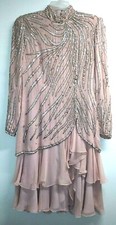 Vintage Jack Bryan 70s 80s Bead Sequin Pearl Chiffon Dress Sz 10 Swing Pink