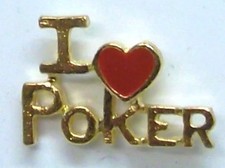 Gambling I Love (heart) Poker Script Lapel Pin in Gold Plate, Made in USA, NEW