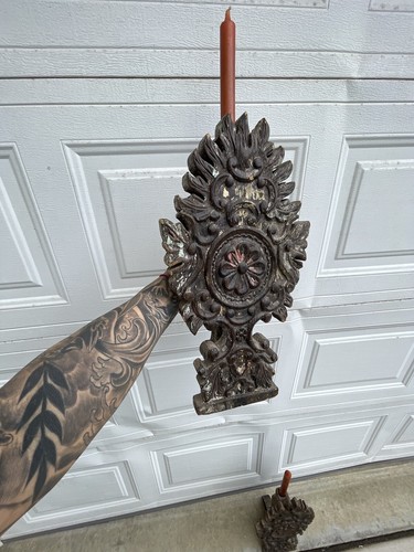 ANTIQUE SPANISH COLONIAL PAIR OF PROCESSIONAL HAND CARVED WOOD CANDLE HOLDER - Picture 20 of 23