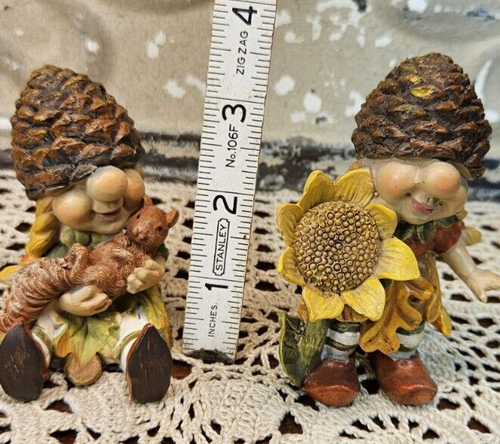 Pair of Adorable Autumn Harvest Resin Child Figurines w/ Pine Cone Hats - Picture 6 of 7