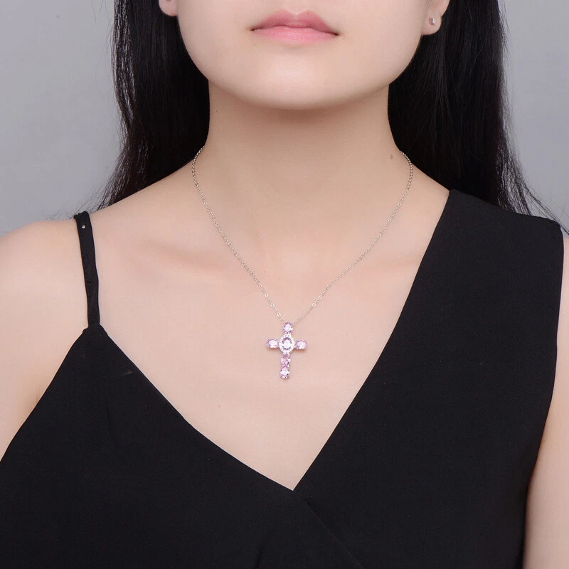 女士手工正品粉红色昆石宝石银色十字架小饰品项链吊坠 — 第 3/4 张图片
