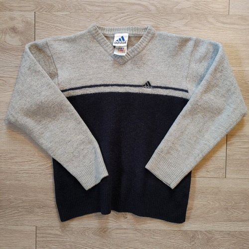 Adidas Sweater Boys Medium 100% Wool V Neck Pullover Casual Gray Navy Blue