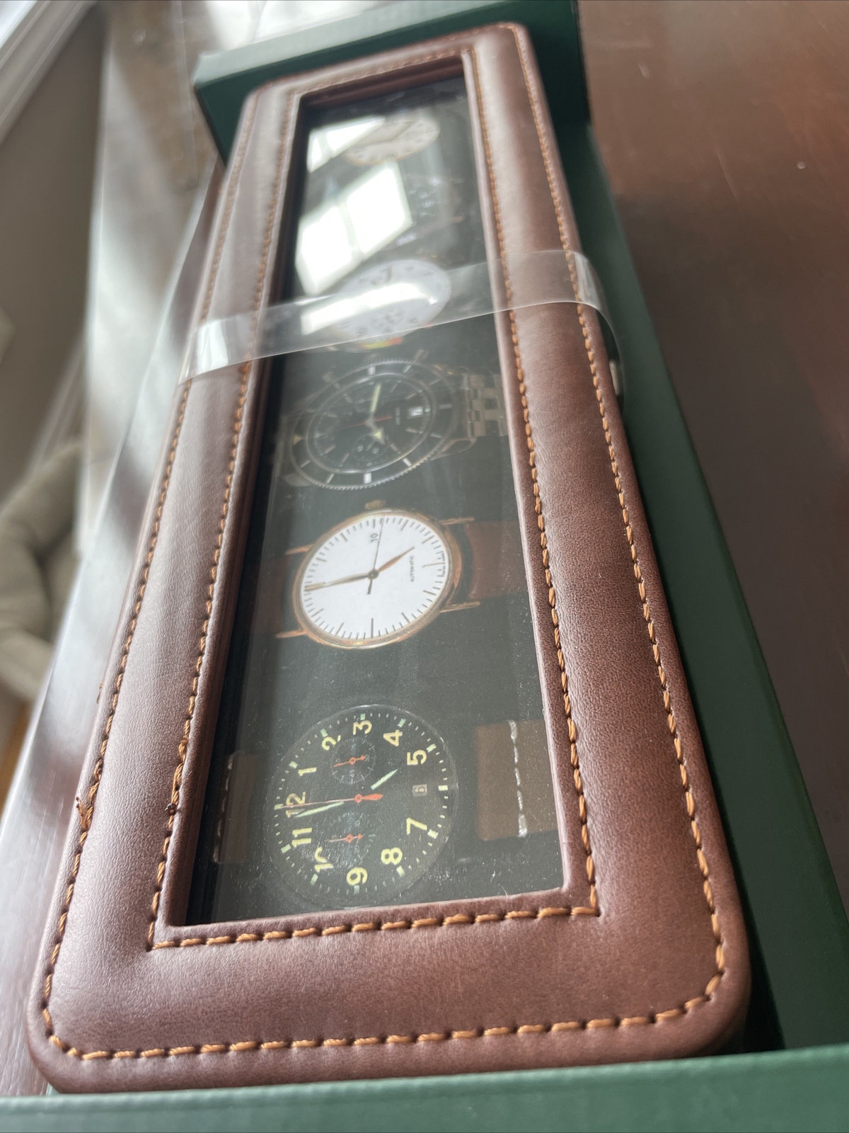 NEW Woodbury Men’s Six Slot 6 Piece Brown Leather Watch Case Holder Box