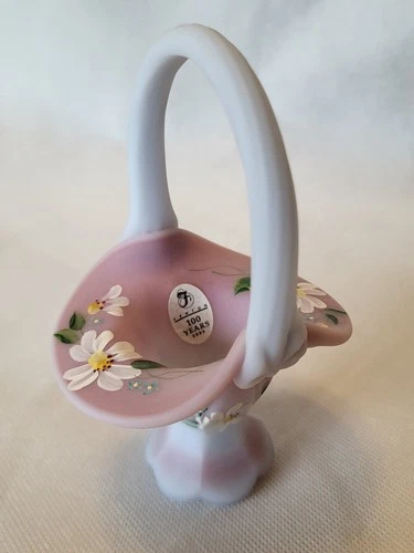 Fenton Hand Painted Pink & White Glass Mini Basket Painted Flowers Signed