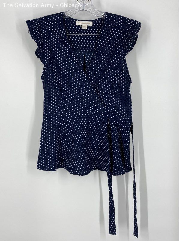 Monteau Womens Blue Geometric V-Neck Short Sleeve Blouse Top Size XL