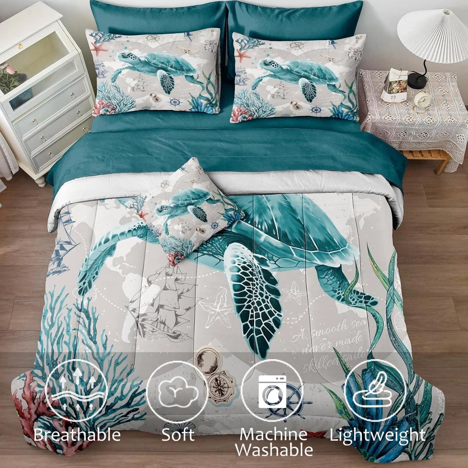 Juego de edredón 8 piezas de ropa de cama náutica tortuga marina reina con sábanas turquesa... Foto 4 de 4