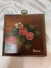 Vintage 70s Mini Wooden Wall Plaque Handmade Flowers Hand Painted Signed