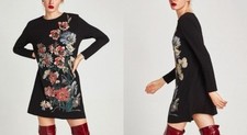 Zara Dress Black Embossed Florals 6 Small Embroidered Floral Long Sleeve Shift