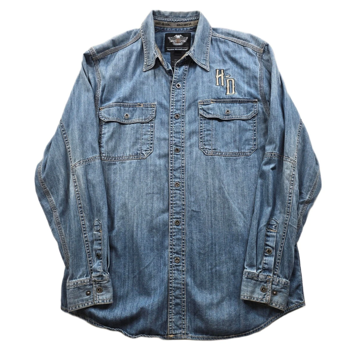 Harley Davidson 長袖シャツ バックデカロゴ デニム L 0700 Harley-Davidson Denim Long Sleeve Casual Button-Down Shirts for