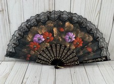 VTG Lace Hand-Painted Floral Folding Fan w/ Ornate Gold Trim Plastic Ribs 18"