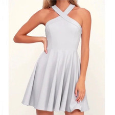 NEW Lulus The Way You Look Tonight Small Gray Halter Skater mini Dress fit flare