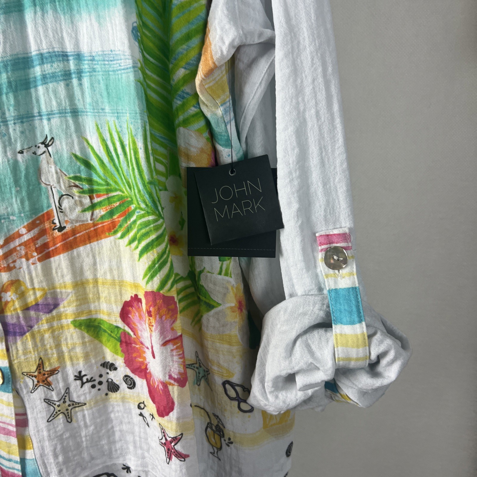 John Mark Women's Top Size 3X Plus Blouse Roll-Up Sleeve Beach Multicolor B17