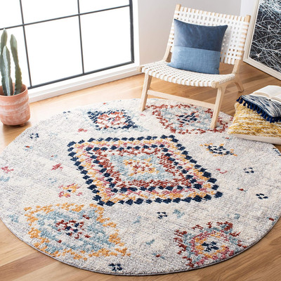 Moroccan Boho Area Rug 6'7'' Round - Ivory & Multi, Non-Shedding, Easy Care