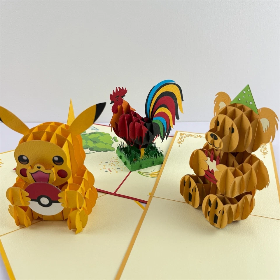 Set of 3 Pop Up 3D Cards Pikachu, Chicken, Bear Handmade Greeting Gift - Image 2 of 4