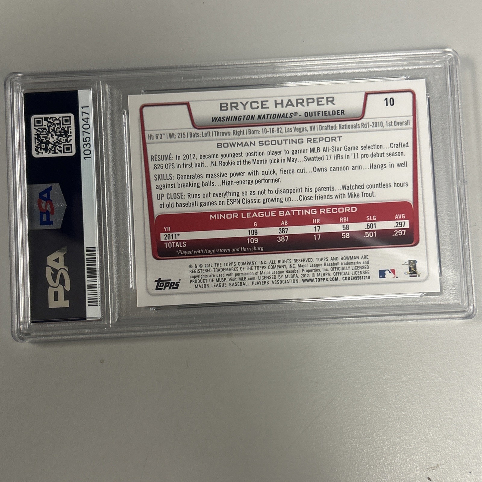 2012 Bowman Draft Baseball Bryce Harper ROOKIE #10 PSA 9 PHILLIES GEM  view 6