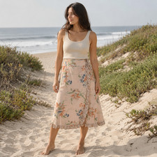 Vtg 70s Peach Floral Boho Cottagecore Wrap Skirt