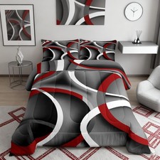 Stripes Comforter Set Queen Teens Gray Black Red Swirls Room Decor Abstract S...