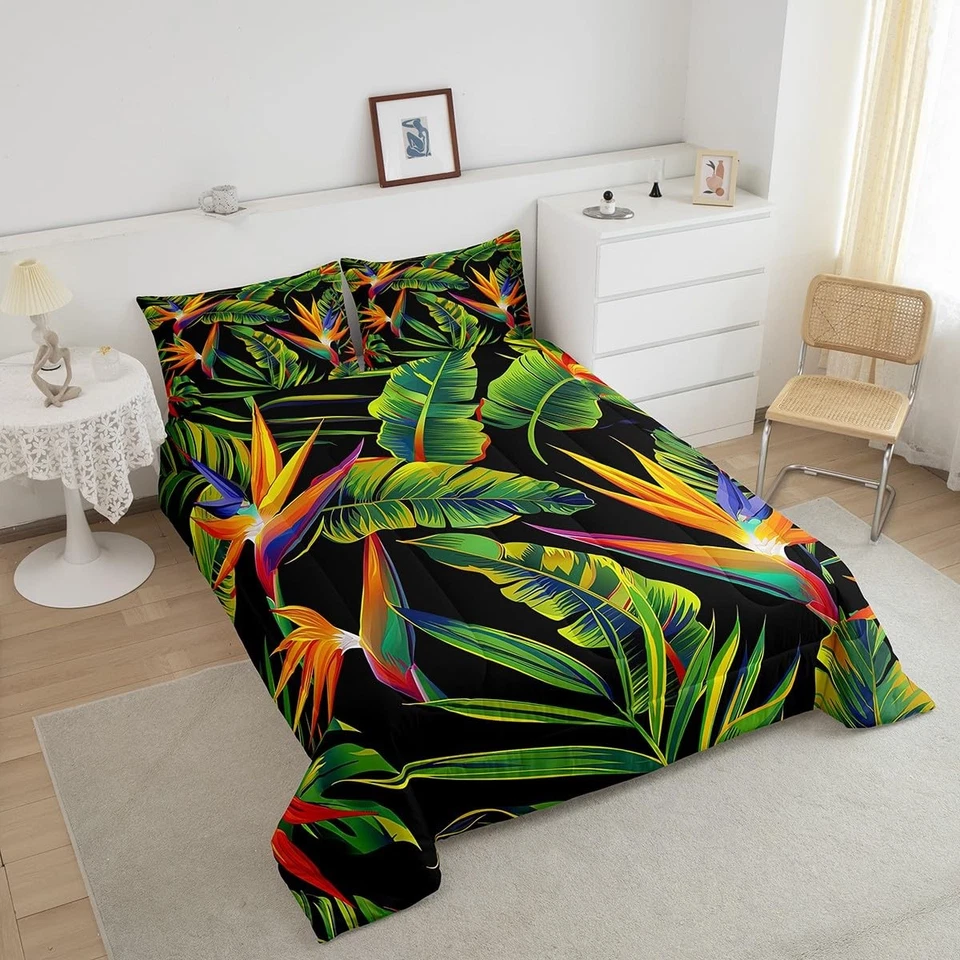 Conjunto de edredom tropical palmeira fundo preto queen size, aquarela flowe... - Imagem 4 de 4