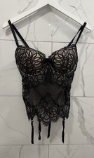Victoria s Secret Black Cream Lace Full Zip Corset Size 36D Garter Strap Bustier
