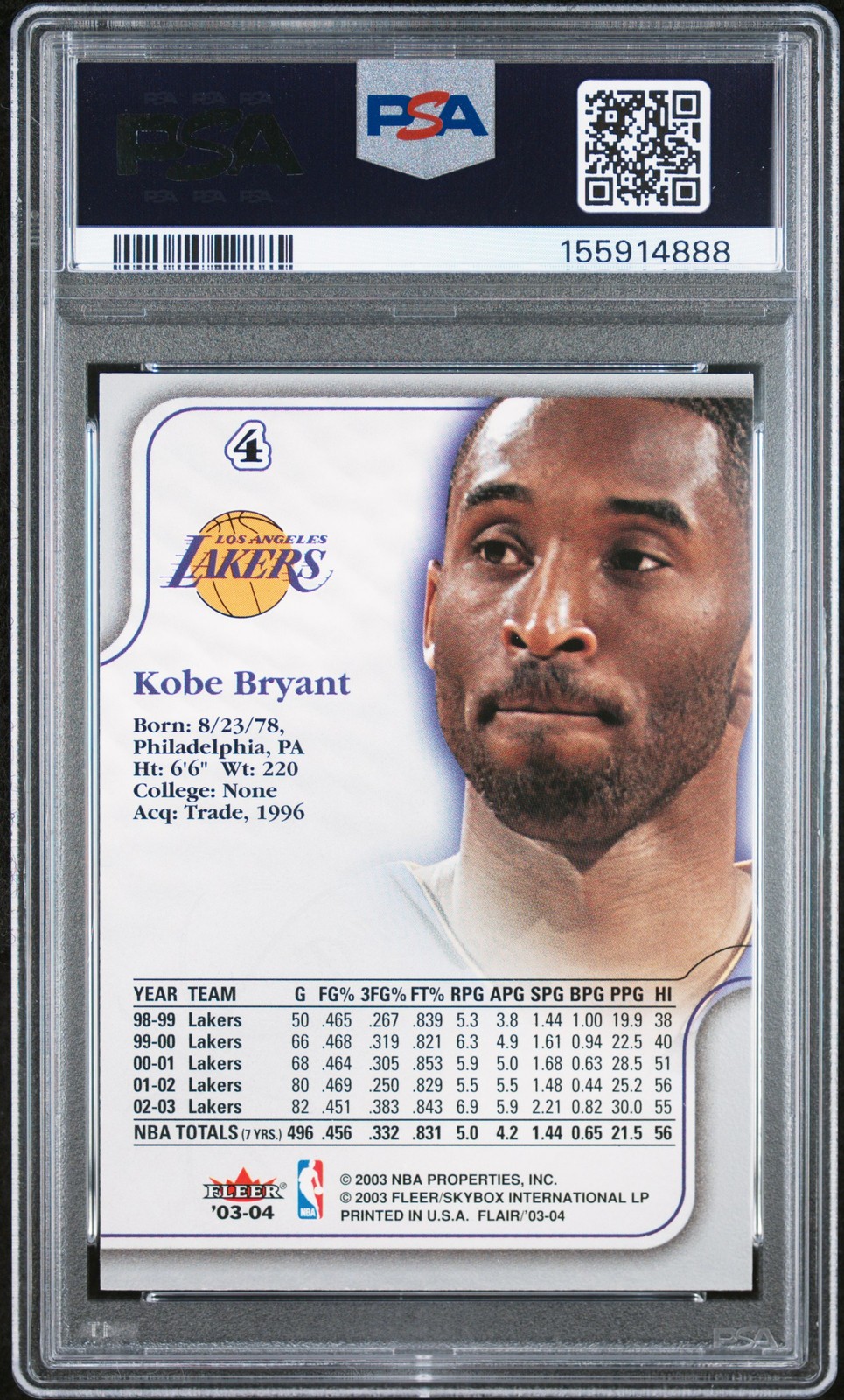 2003 FLAIR #4 KOBE BRYANT PSA 8 view 2