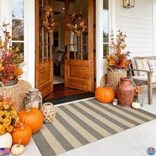 Chic Black Tan Boho Striped 3x5 Outdoor Rug - Hand Woven, Washable, Foldable Mat