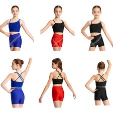 Kids Girls Training Suit Strappy Outfits Sleeveless Dancewear Breathable Tops