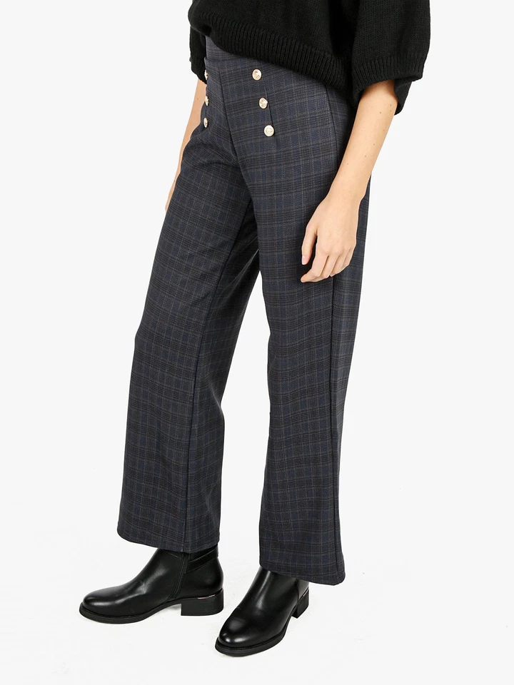 Gladys Pantaloni donna scozzesi a gamba larga con bottoni decorativi e interno i - Immagine 3 di 4