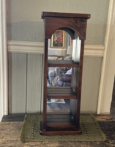 Vtg Dark Wood 3 Shelf Display Case Curio Shelf Wall Hanging Mirror Backed 25.5"