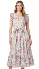 kate spade new york Floral Ruffle Sleeveless Belted Midi Dress V-Neck Size 10