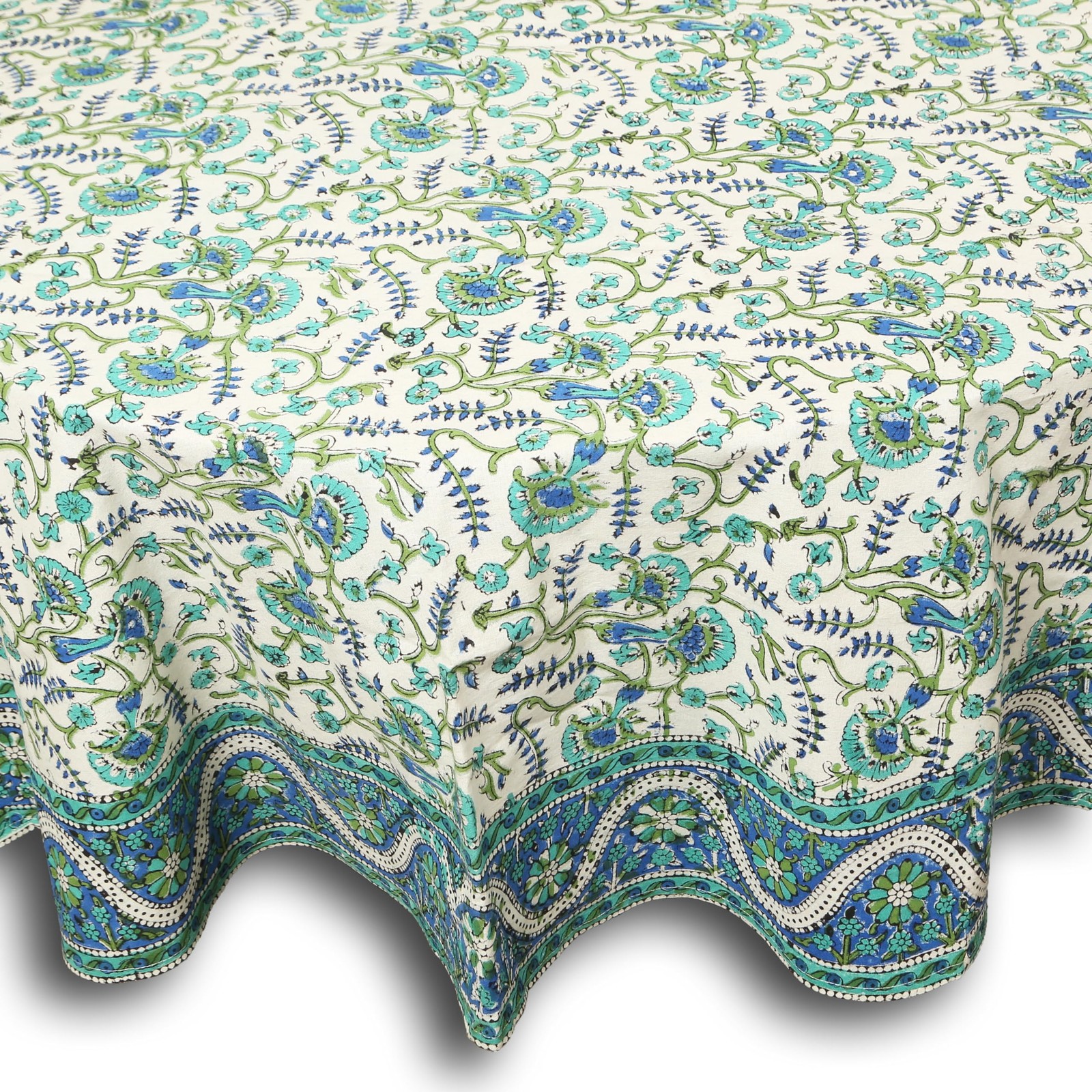 Hand Block Print Tablecloth Round 72 inch, 100% Cotton Blue Green Floral Tabl...