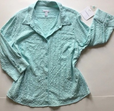 NWT Blue Aquamarine Croft And Barrow Petite XL Button Down Blouse 3/5 Sleeve