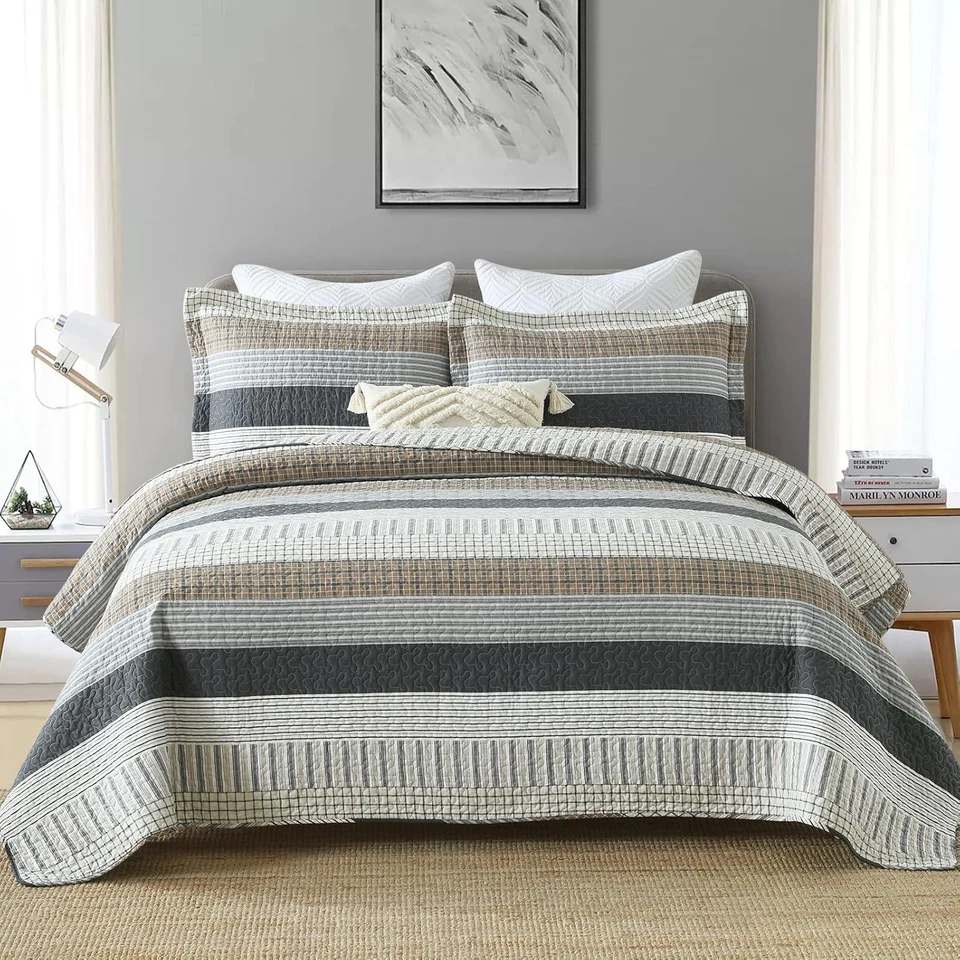 Juego de edredón PANGUSHAN 100 % algodón tamaño king, king (98x106), blanco/marrón/gris  Foto 2 de 4