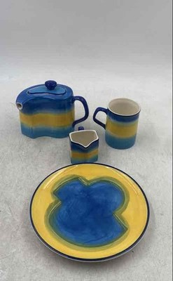 Herman Dodge & Son Inc. Blue Yellow Hand-Painted Pottery Tea Pot Set Of 4