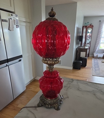 Red Glass Fenton Globe Table Lamp Antique Brass base, GWTW Style 