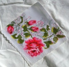 VINTAGE 14" SQUARE HANDKERCHIEF 1960's RED ROSES  LILY OF THE VALLEY PRINT 