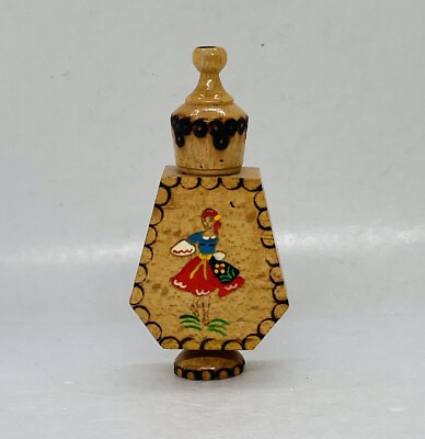 Vintage 1970's Bulgaria Wooden Perfume Bottle Dancing Girl Rose Flower Art 23