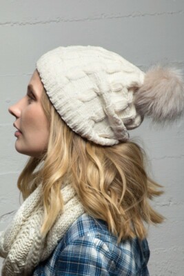 47 Women’s Ivory Cable Knit Beanie with Faux Fur Pom Women main image 2
