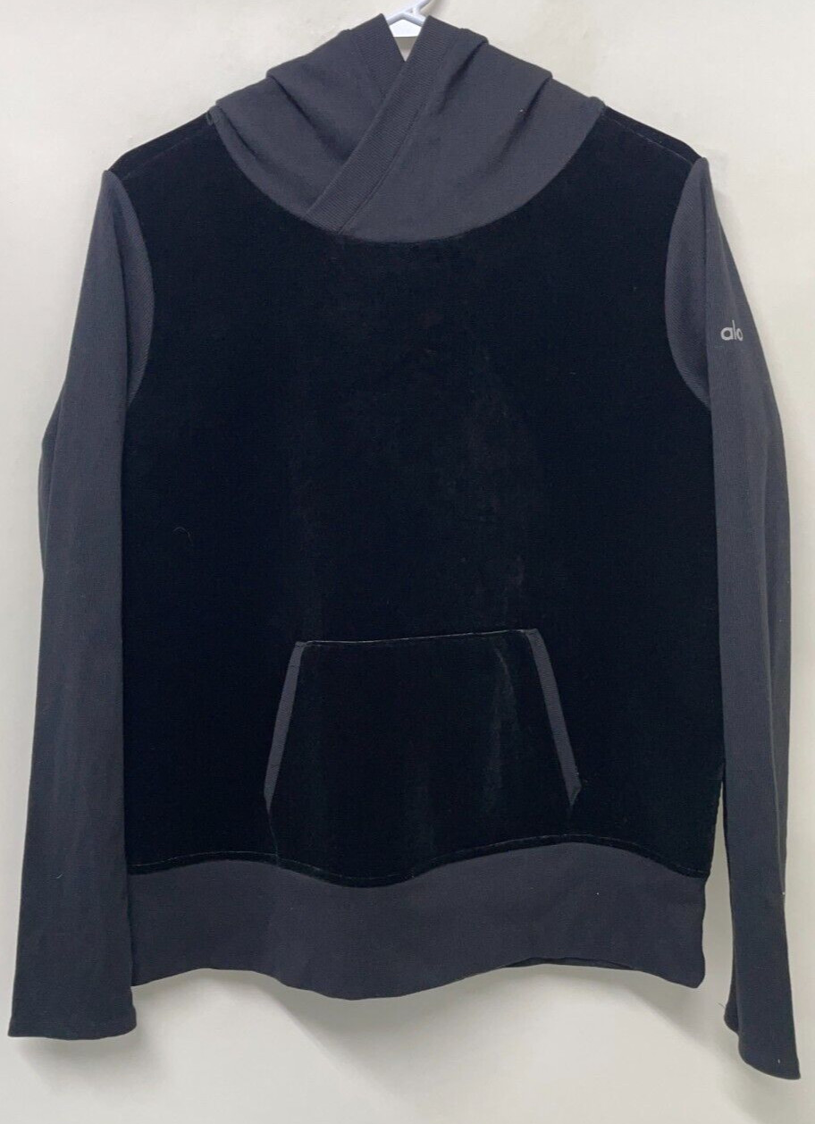 Alo Yoga Unisex M Velvet Hoodie Sweatshirt Black Velour Baller Pullover Womens